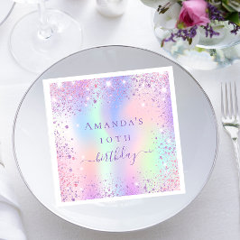 誕生日パープルピンクのホログラフィック名 スタンダードカクテルナプキン