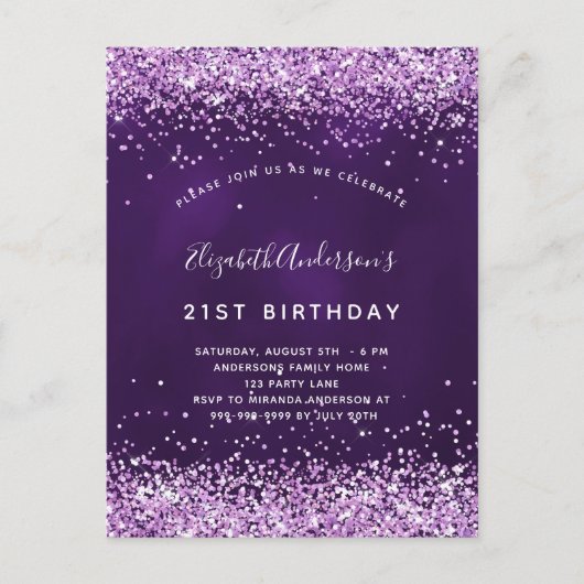誕生日パープルピンクグリッターグラマラス インビテーションポストカード (正面)