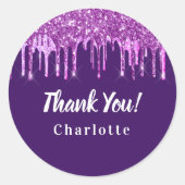 誕生日パープルピンクグリッタードリップ感謝していお願い ラウンドシール (正面)