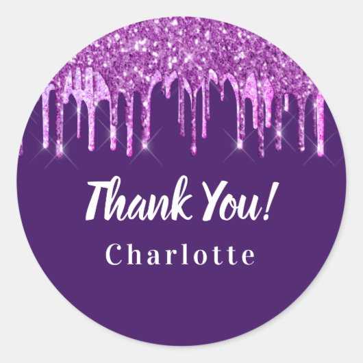 誕生日パープルピンクグリッタードリップ感謝していお願い ラウンドシール (正面)