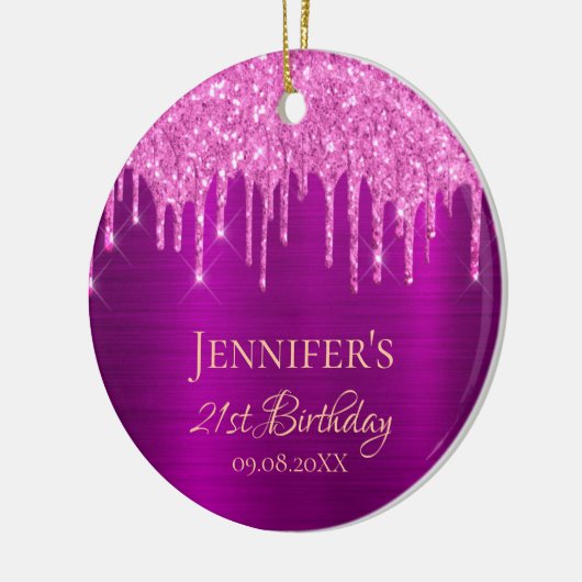 誕生日パープルピンクグリッタードリッ感謝していプス セラミックオーナメント (左)