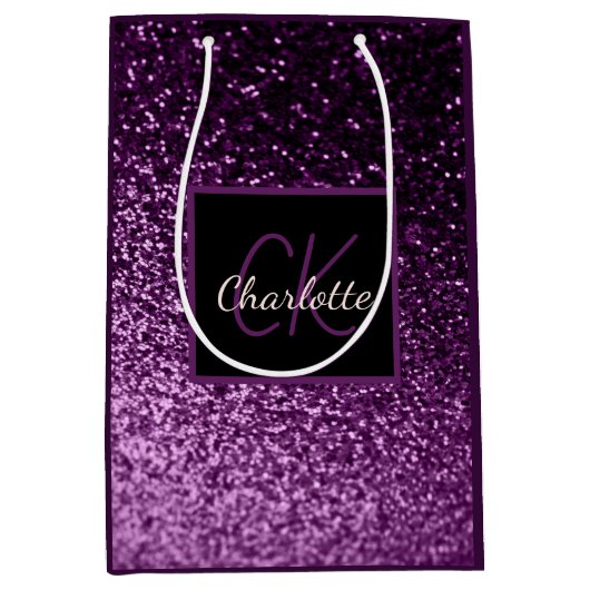 誕生日パープルピンクグリッターモノグラム贅沢 ミディアムペーパーバッグ (正面)