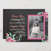 誕生日パープルピンクフラワーフォトチョーク招待状 招待状 (正面/裏面)