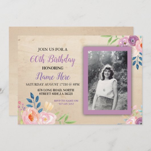 誕生日パープルフラワーフォト招待状 招待状 (正面/裏面)