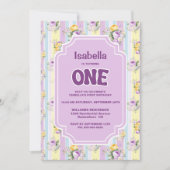 誕生日パープルフローラストライプのパーティー 招待状 (正面)