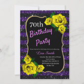 誕生日パープルブラックストライプグリッターイエローローズ 招待状 (正面)