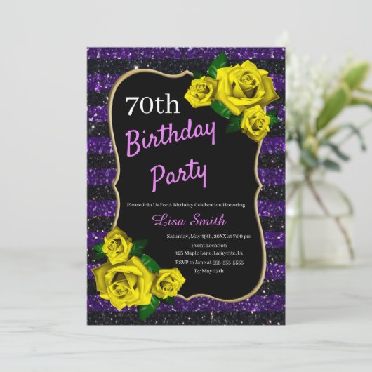 誕生日パープルブラックストライプグリッターイエローローズ 招待状 (スタンド正面)