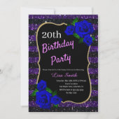 誕生日パープルブラックストライプグリッター深いブルーロス 招待状 (正面)