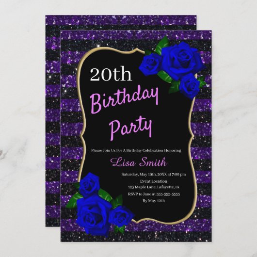 誕生日パープルブラックストライプグリッター深いブルーロス 招待状 (正面/裏面)