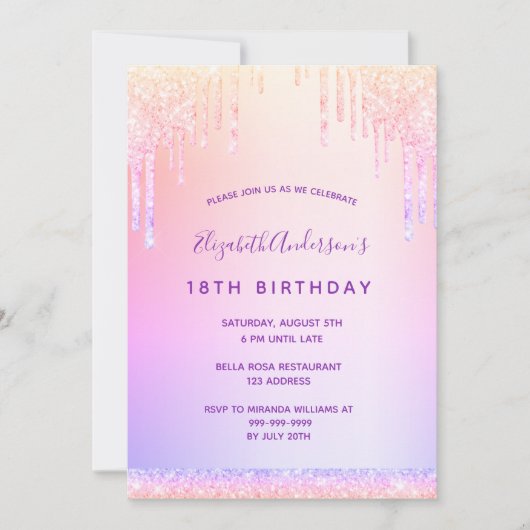 誕生日パープル赤面ピンクローズ金ゴールドグリッター 招待状 (正面)