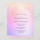 誕生日パープル赤面ピンクローズ金ゴールドグリッター 招待状 (正面/裏面)