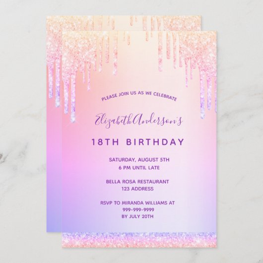 誕生日パープル赤面ピンクローズ金ゴールドグリッター 招待状 (正面/裏面)