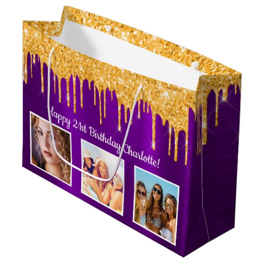 誕生日パープル金ゴールドグリッターのドライブ名の写真 ラージペーパーバッグ (正面アングル)