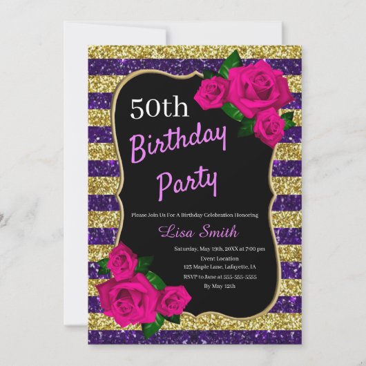 誕生日パープル金ゴールドストライプグリッターピンクローズ 招待状 (正面)