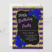 誕生日パープル金ゴールドストライプグリッター深いブルーロス 招待状 (正面)