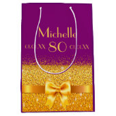 誕生日パープル金ゴールドボウ名 ミディアムペーパーバッグ (正面)