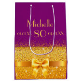 誕生日パープル金ゴールドボウ名 ミディアムペーパーバッグ (裏面)