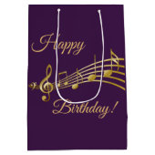 誕生日パープル金ゴールドミュージックノート ミディアムペーパーバッグ (裏面)