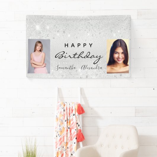 誕生日パ最高のイン友達ツインシルバーフォト 横断幕 (インサイチュ)