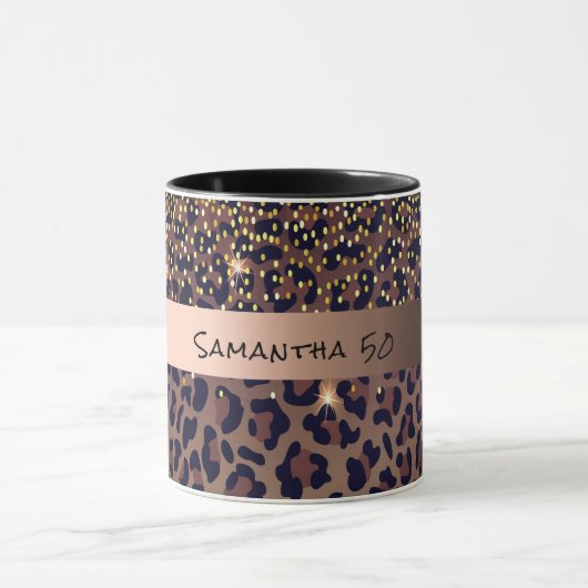 誕生日ヒョウ柄の茶色の名前年齢 マグカップ (中央)