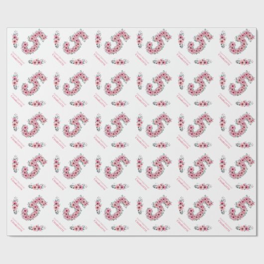 誕生日ビッグ5人目ガールピンクの花緑 ラッピングペーパー (フラット)