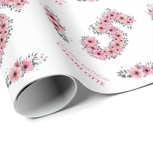 誕生日ビッグ5人目ガールピンクの花緑 ラッピングペーパー (ロールコーナー)
