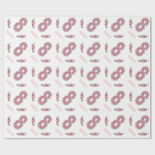 誕生日ビッグ8人目ガールピンクの花緑 ラッピングペーパー (フラット)