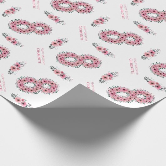 誕生日ビッグ8人目ガールピンクの花緑 ラッピングペーパー (角)