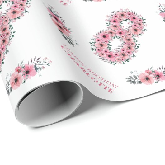 誕生日ビッグ8人目ガールピンクの花緑 ラッピングペーパー (ロールコーナー)