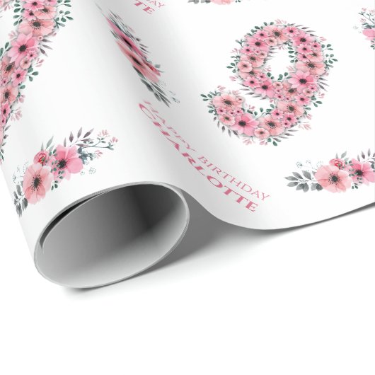 誕生日ビッグ9人目ガールピンクの花緑 ラッピングペーパー (ロールコーナー)