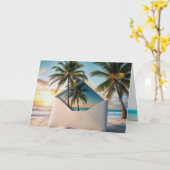誕生日ビーチのヤシ木付き封筒 カード (黄色い花)