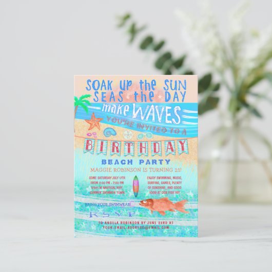 誕生日ビーチまたはプールパーティーサマーフィッシュサーフスイム インビテーションポストカード (スタンド正面)