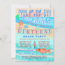 誕生日ビーチまたはプールパーティーサマーフィッシュサーフスイム 招待状