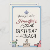 誕生日ビーチパーティーキッドかわいいサンドキャッスルカニパイル 招待状 (正面/裏面)