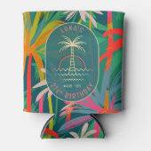 誕生日ビーチパーティーパームツリーサンセットウォーターカラー 缶クーラー (正面)