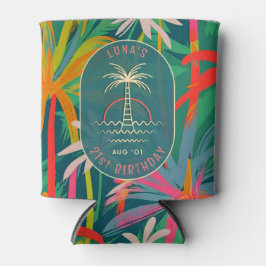 誕生日ビーチパーティーパームツリーサンセットウォーターカラー 缶クーラー