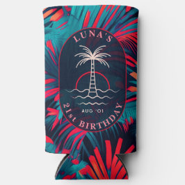 誕生日ビーチパーティーパーム離れツリーサンセット スリム缶クーラー
