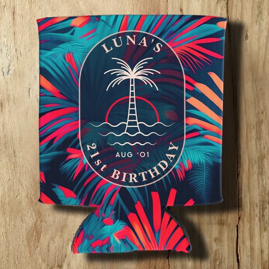 誕生日ビーチパーティーパーム離れツリーサンセット 缶クーラー