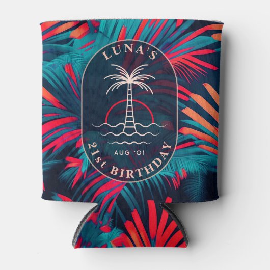 誕生日ビーチパーティーパーム離れツリーサンセット 缶クーラー (正面)