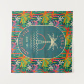 誕生日ビーチパーティー ヤシの木 夕焼け 水彩画 タペストリー (正面(横))