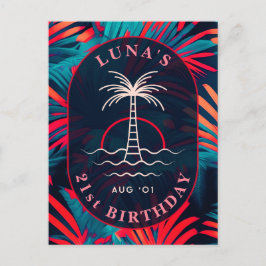 誕生日ビーチパーティー ヤシの葉と夕焼け ポストカード