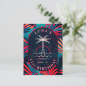 誕生日ビーチパーティー ヤシの葉 夕焼け ポストカード (スタンド正面)