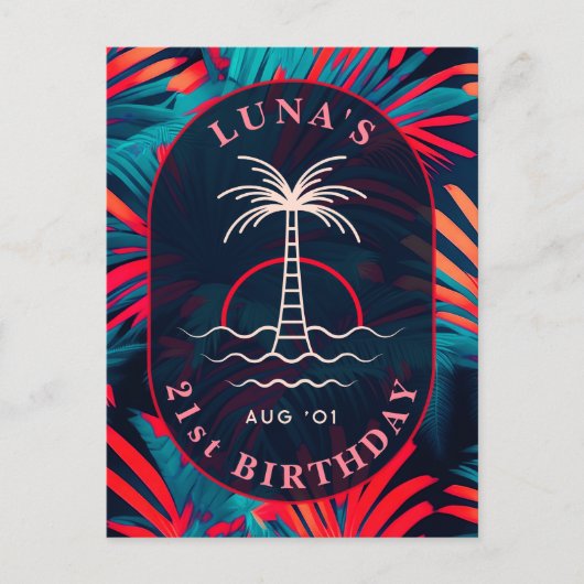 誕生日ビーチパーティー ヤシの葉 夕焼け ポストカード (正面)