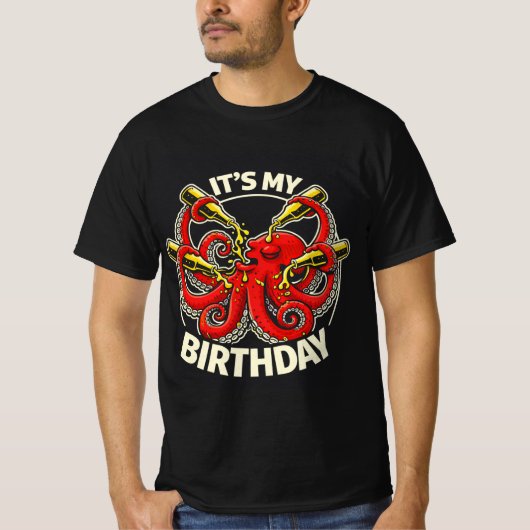 誕生日ビール一気飲みタコ Tシャツ (正面)