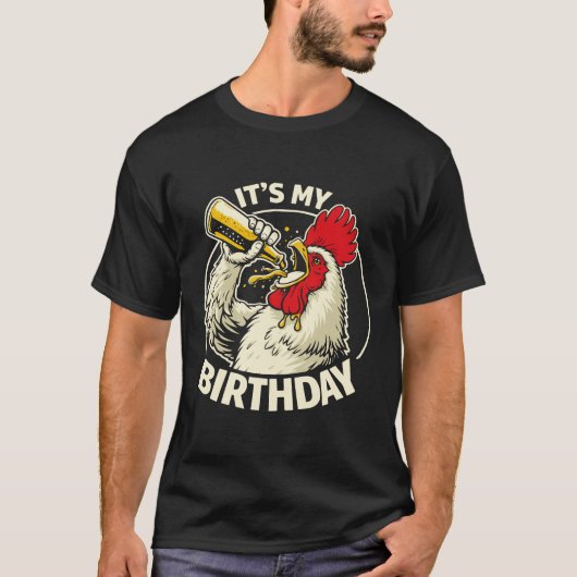誕生日ビール飲み干すニワトリ Tシャツ (正面)