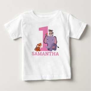 誕生日ピンクのジャングル動物の少女 ベビーTシャツ