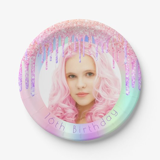 誕生日ピンクのドリップフォトホログラフィック ペーパープレート (正面)