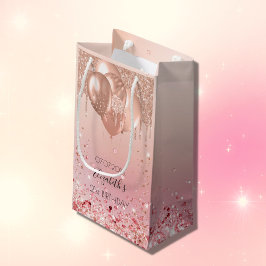 誕生日ピンクのバラの金ゴールドバルーンが輝く スモールペーパーバッグ