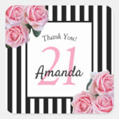 誕生日ピンクのバラストライプス感謝していク スクエアシール (正面)