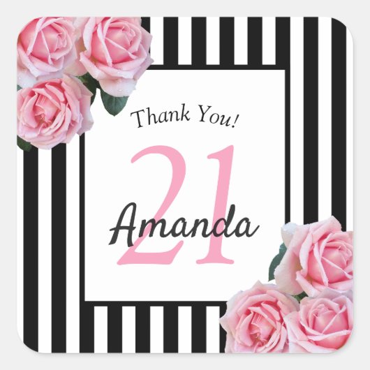 誕生日ピンクのバラストライプス感謝していク スクエアシール (正面)
